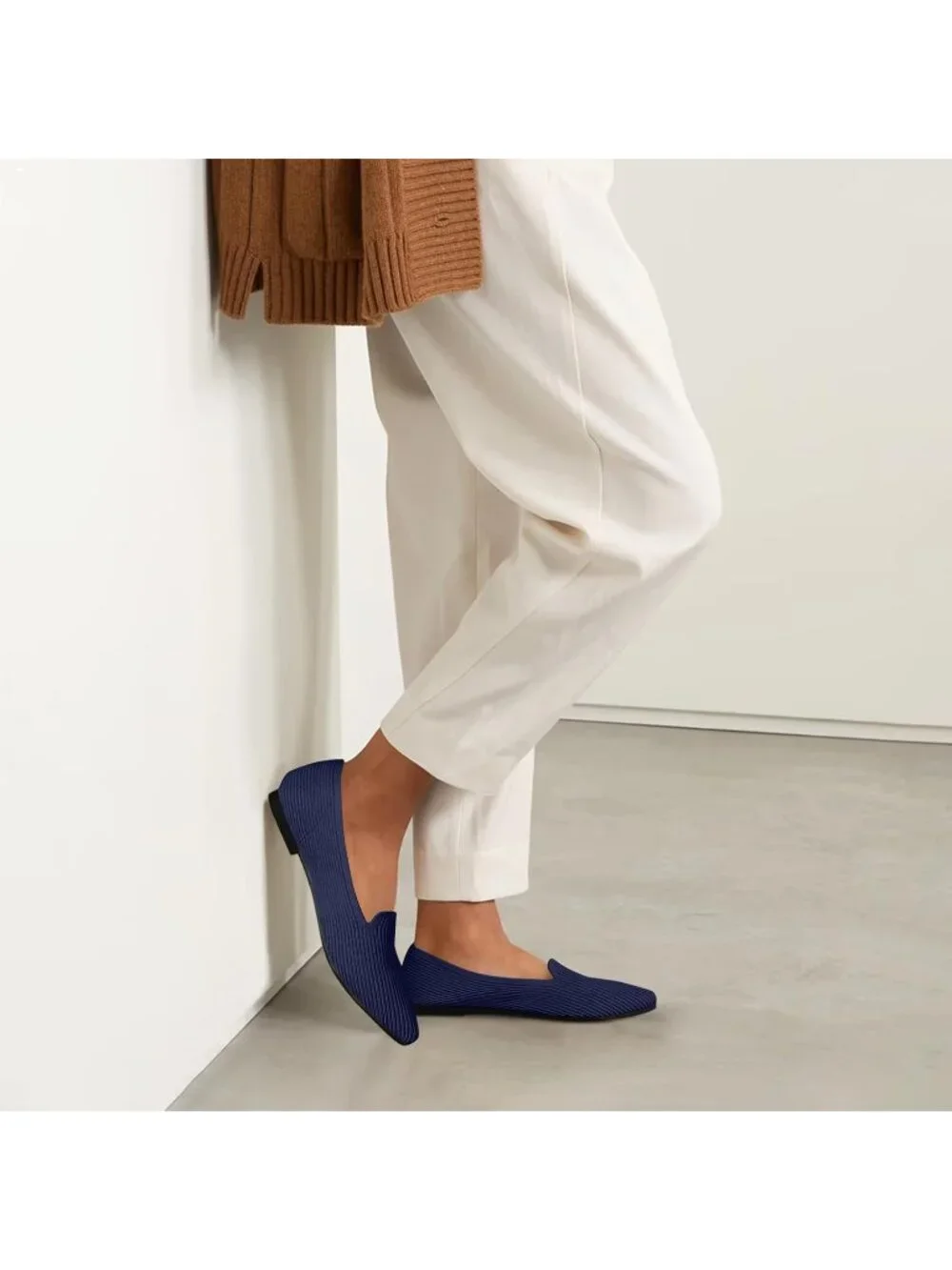 Women's Navy Pointed Toe Knit Ballet Flats Washable Important Work Shoes